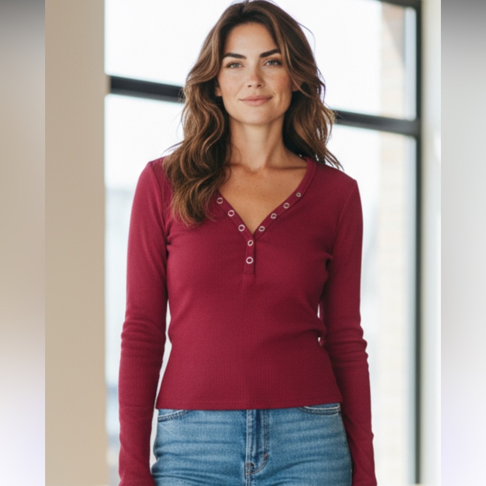 Burgundy Long Sleeve Henley Top